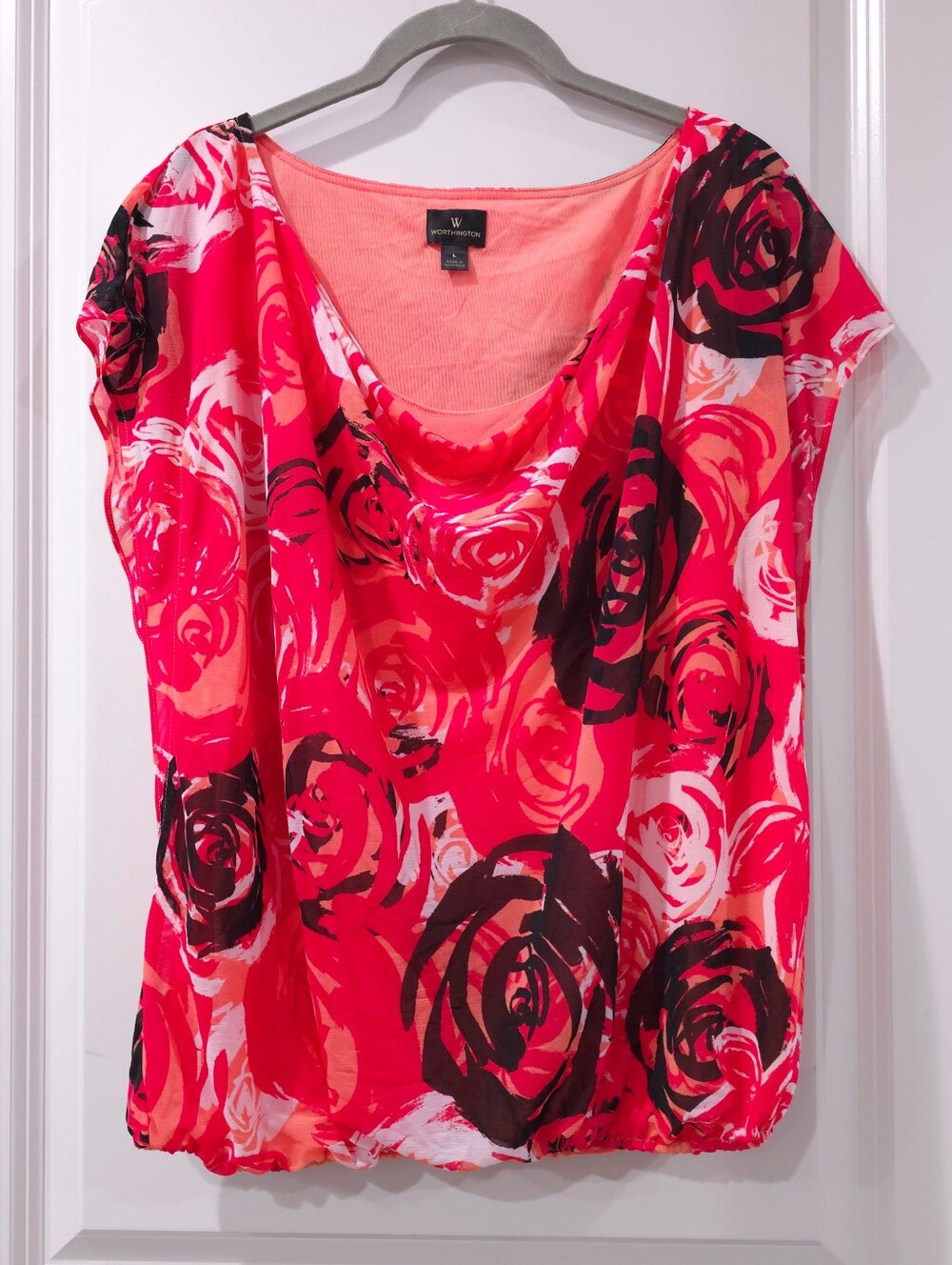 WORTHINGTON Y2K Sheer Floral Cowl Neck Top Modern Retro Going Out Blouse, L - Picture 3 of 13